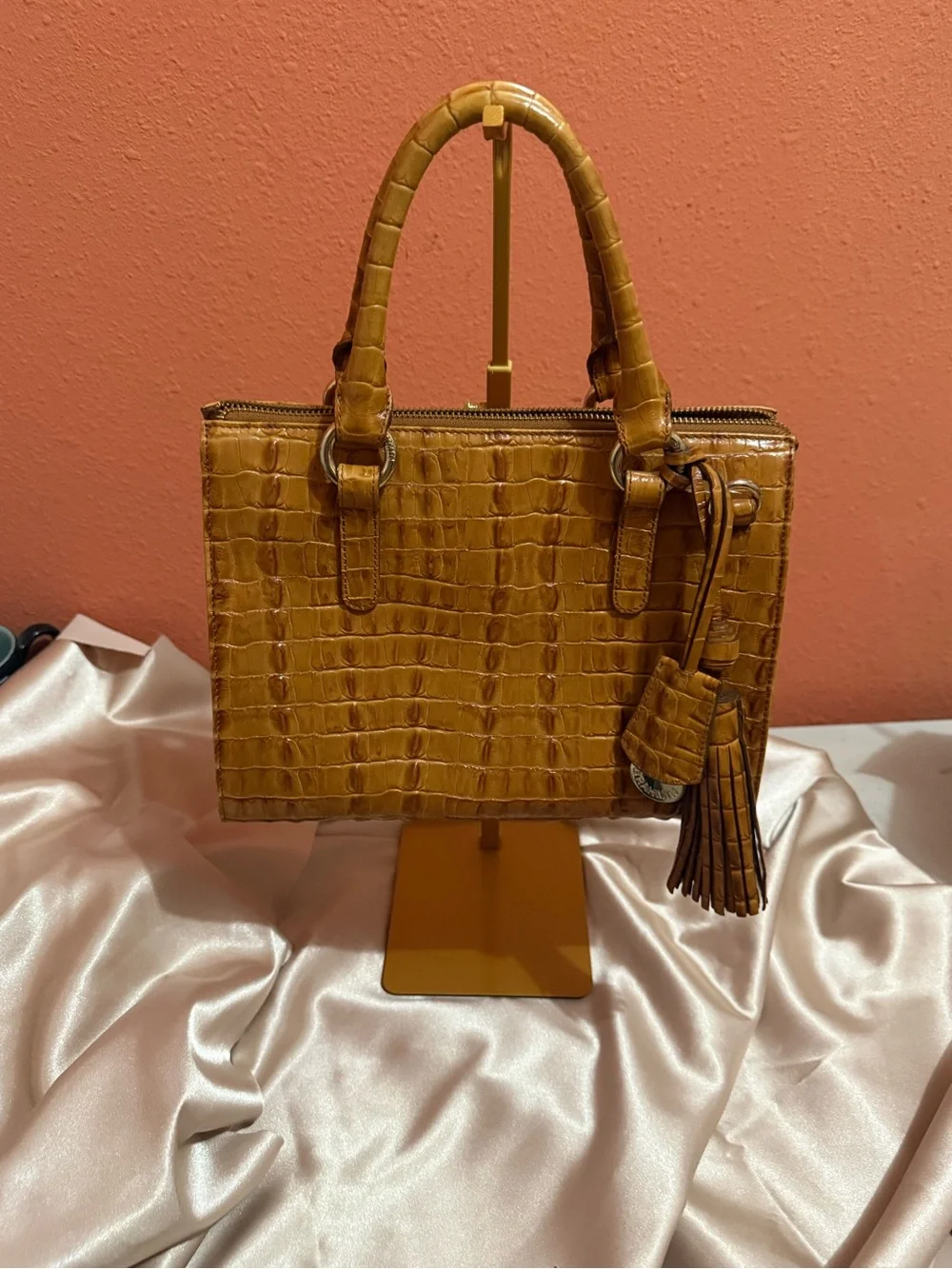 Brahmin Croc-Embossed Satchel in Cognac